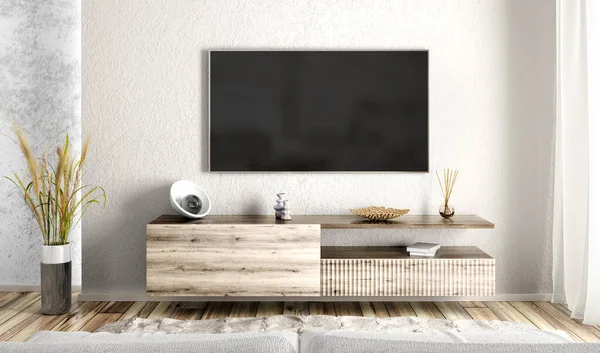 花崗岩の壁の上に木製のサイドボード付きのリビングルームのインテリア テレビ画面付きの居心地の良い現代的な部屋 ホームデザイン 3Dレンダリング — ストック写真