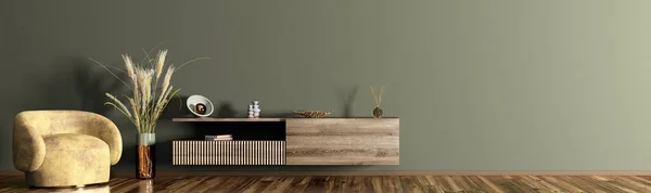 Interior Moderna Sala Estar Com Aparador Madeira Sobre Parede Verde — Fotografia de Stock
