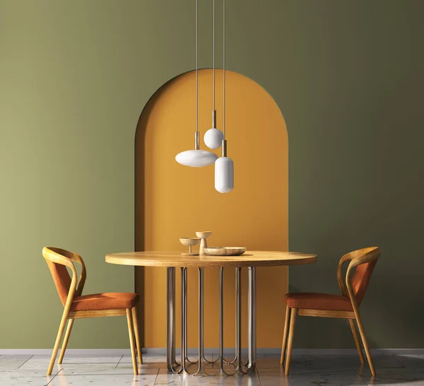 Interior design with wooden round table and chairs. Modern dining room with green and orange wall. Cafe, bar or restaurant interior design. Home interior with pendant light. 3d rendering