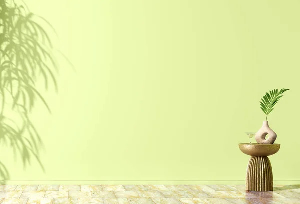 Interior background of room with bright green wall and vase with palm leaf on decorative accent table. Empty wall with leaf shadow and marble tiled flooring. Modern home decor. 3d rendering