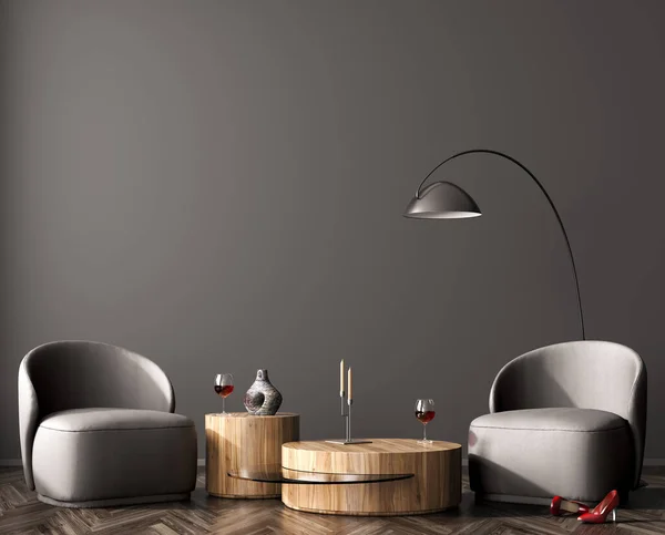 Interior Living Room Leather Armchairs Coffee Table Black Floor Lamp — Stock Photo, Image