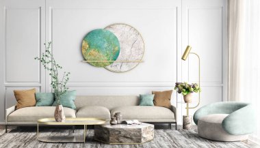 Dairenin modern iç tasarımı, bej koltuklu oturma odası, mermer sehpa ve koltuk, büyük pencere, 3D görüntüleme.