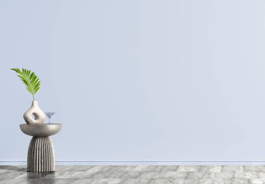 Mavi duvarlı bir odanın arka planı ve dekoratif aksan masasında palmiye yaprağı olan bir vazo. Boş duvar ve mermer döşeme. Modern ev dekorasyonu. 3d oluşturma