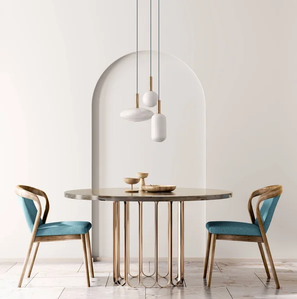 Interior design with marble round table and blue chairs. Modern dining room with beige wall. Cafe, bar or restaurant interior design. Home interior with pendant light. 3d rendering