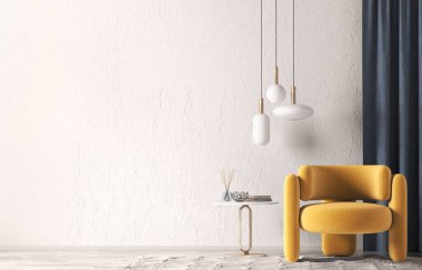 İçinde kahve masası, turuncu koltuk, boş duvar ve mavi perde olan modern oturma odası. Kolye ışığı. Ev tasarımı. 3d oluşturma