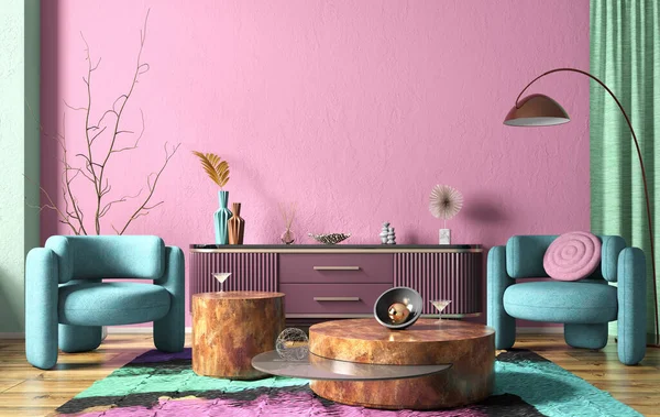 Interior of modern living room with purple sideboard over pink stucco wall. Contemporary room with dresser and coffee tables and blue armchairs. Home design. 3d rendering