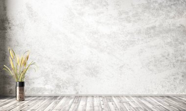 Boş oda içi arka plan, beyaz gri sıva ya da beton kaplama duvar. Tahta döşeme. Çimenli dekoratif vazo. Ev yapımı tasarım. 3d oluşturma