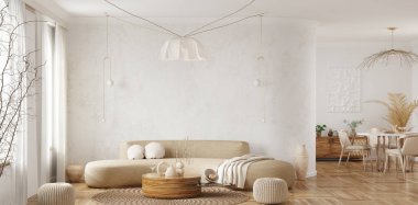 Modern interior design of scandinavian apartment, living room with beige sofa over the light stucco wall, dining room with table and chairs, panorama 3d rendering