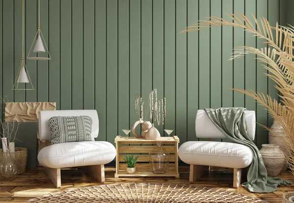 Beyaz koltuklu oturma odasının iç tasarımı. Koyu yeşil tahta panellerle kaplı. Çiftlik evi tarzı. Ev tasarımı. 3d oluşturma