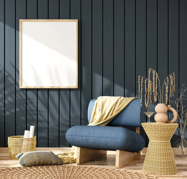 Interior design of living room with blue armchair and yellow plaid. Rattan furniture in room with paneling wall. Farmhouse or boho style interior.Poster frame on the wall. Home design. 3d rendering