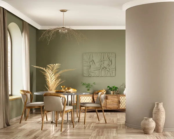モダンなダイニングルームやリビングルーム 大理石のテーブルと木製の椅子のインテリアデザイン 緑の壁の上に木製のサイドボード アーチ窓付きのホームインテリア 3Dレンダリング ロイヤリティフリーのストック写真