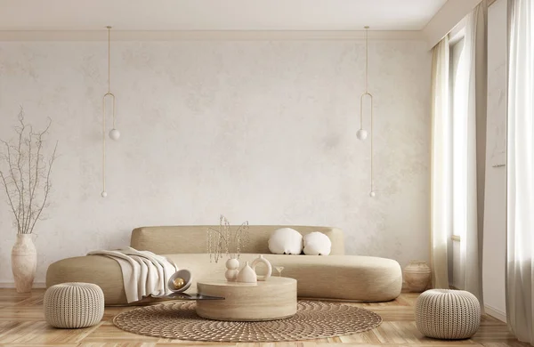 アパートのモダンなインテリアデザイン 光スタッコ壁の上にベージュのソファ付きのリビングルーム 家の中だ 3Dレンダリング ロイヤリティフリーのストック画像