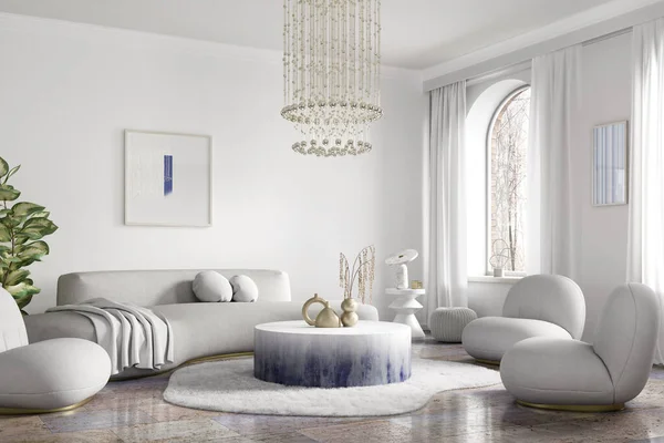 アパートのモダンなインテリアデザイン 白いソファ付きのリビングルーム 円形のアームチェア アクセントのコーヒーテーブルとシャンデリア 毛皮のラグとホームインテリア 3Dレンダリング ロイヤリティフリーのストック写真
