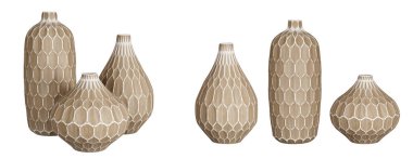 Üç parça güzel işlenmiş ahşap masa veya vazo seti. Geleneksel ev dekoru ve aksanları. Ev dekoratif aksesuarlar. İzole edilmiş iç nesne. Hazır ve bekâr. 3d oluşturma