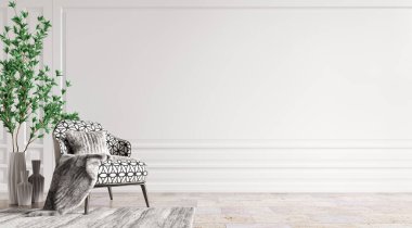 Klasik desenli koltuklu, boş panelli duvarlı modern oturma odasının içi. Ev tasarımı. 3d oluşturma