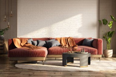 Modern dairenin iç tasarımı, kırmızı köşeli kanepeli oturma odası beyaz tuğlalı duvarın üzerinde fotokopi alanı var. İçinde sehpa olan bir ev. 3d oluşturma