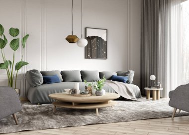 İskandinav apartmanının modern iç tasarımı gri kanepeli oturma odası ve ahşap kahve masası. Pencereli bir ev. 3d oluşturma