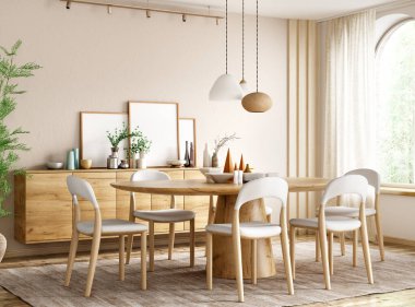 Modern yemek odası, ahşap yemek masası ve pencereli sandalyeler.