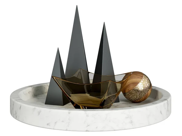 Набор Декоративного Мраморного Подноса Черными Металлическими Пирамидами Стеклянной Чашей Деревянным — стоковое фото