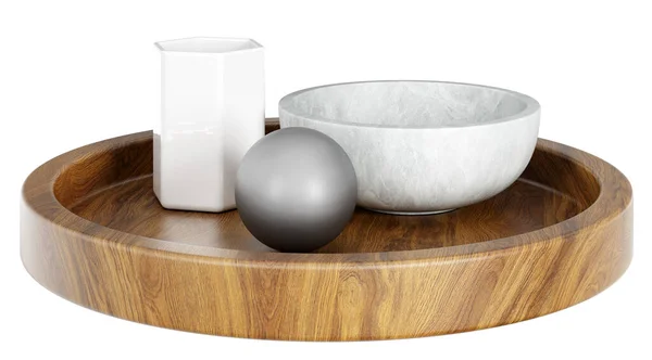 Set Decorative Wooden Tray Black Metal Ball Stone Bowl Ceramic — Stock Photo, Image