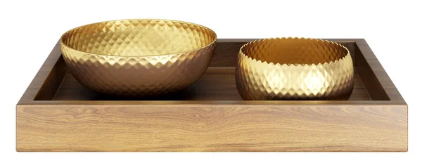 Decorative Wooden Square Tray Golden Metal Bowls Home Decor Accents — Stock Photo, Image