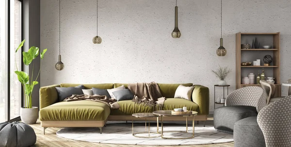 Moderno Diseño Interior Apartamento Sala Estar Con Sofá Verde Sobre —  Fotos de Stock