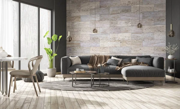 Moderno Diseño Interior Apartamento Sala Estar Con Sofá Negro Sobre —  Fotos de Stock