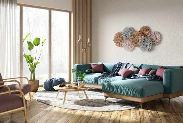 Modern interior design of scandinavian apartment, living room with turquoise corner sofa over the brick wall. Home interior with big window. 3d rendering