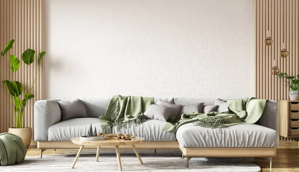室内设计的现代化公寓 客厅与灰色角落沙发的白色砖墙 家庭内部有咖啡桌 3D渲染 — 图库照片