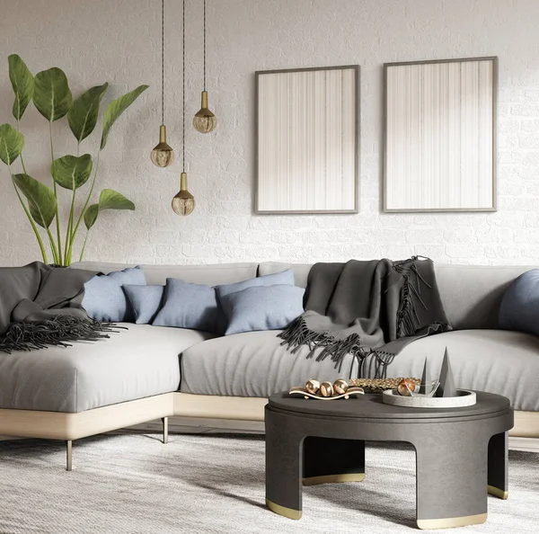 现代客厅的室内设计 灰色的角落沙发 白色的砖墙与模拟框架 家庭内部有咖啡桌 3D渲染 — 图库照片