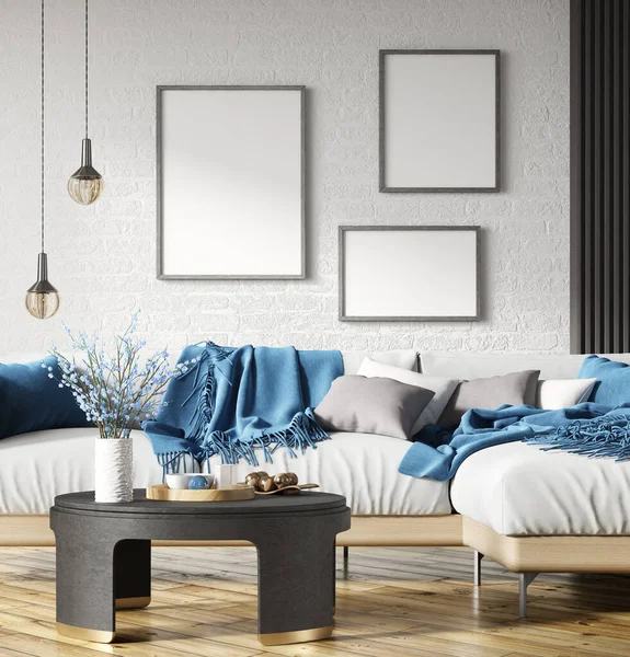Interiérový Design Moderního Obývacího Pokoje Bílou Pohovkou Přes Cihlovou Zeď — Stock fotografie