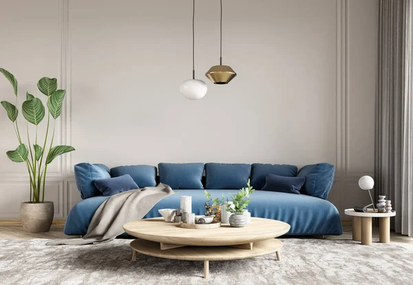 Moderní Design Interiéru Apartmánu Obývacího Pokoje Modrou Pohovkou Dřevěným Konferenčním — Stock fotografie