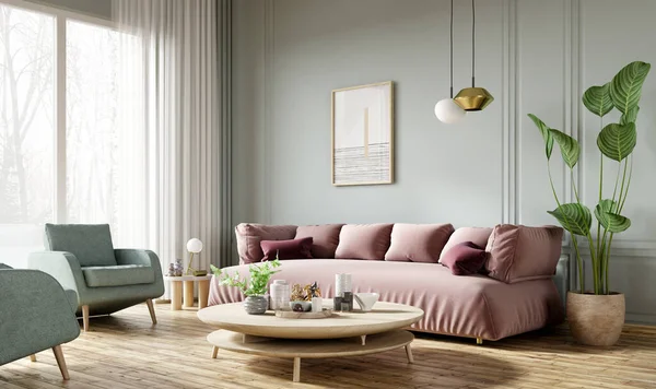 现代客厅的粉红沙发 现代室内设计 配有薄荷墙和木制咖啡桌 家里有海报 3D渲染 — 图库照片