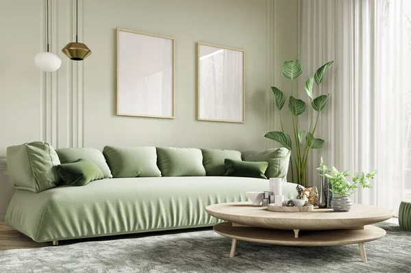 Sofá Verde Moderna Sala Estar Design Interiores Contemporâneo Quarto Com — Fotografia de Stock