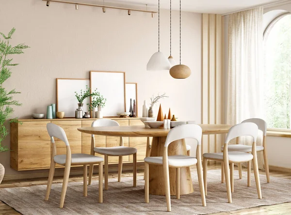 现代餐厅 木制餐桌和有窗户房间的椅子的内部 3D渲染 — 图库照片