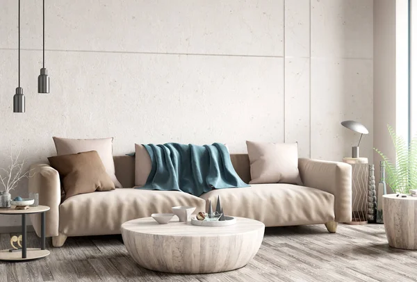 现代室内设计的公寓 客厅与米黄色沙发和木制咖啡桌的混凝土 粉刷墙壁 家庭内部 阁楼风格 3D渲染 图库图片