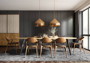 Interior of modern dining room, dining table and wooden chairs against black panelling wall. Home design. 3d rendering clipart