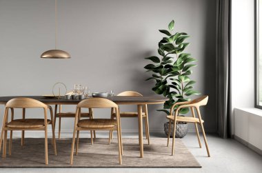 Modern yemek odasının içi, yemek masası ve gri duvara dayalı ahşap sandalyeler. Ev tasarımı. 3d oluşturma
