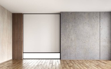 Boş oda arka planı, fotokopi alanı ve ahşap kaplamalı gri beton duvar. 3d oluşturma