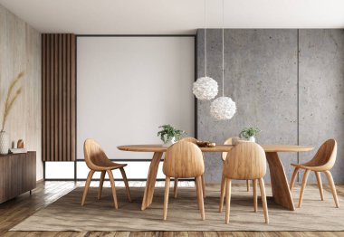 Modern yemek odası, yemek masası ve beton duvarlı ahşap sandalyeler. Ev tasarımı. 3d oluşturma
