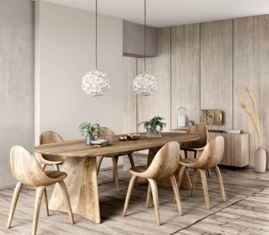 Modern yemek odası, yemek masası ve ahşap panelli ahşap sandalyeler. Ev tasarımı. 3d oluşturma