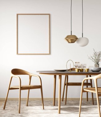 Modern yemek odası, yemek masası ve beyaz duvarlı tahta sandalyeler. Ev tasarımı. 3d oluşturma