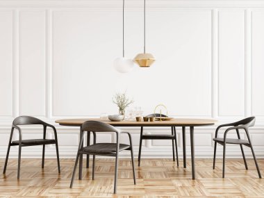 Klasik beyaz panelli duvara karşı siyah sandalyeler ve ahşap yemek masası. Modern yemek odasının iç tasarımı. 3d oluşturma.