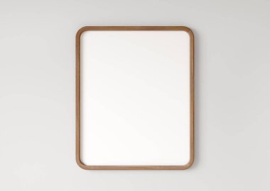 Beyaz duvarda ahşap boş çerçeve, iç plan. 3d oluşturma