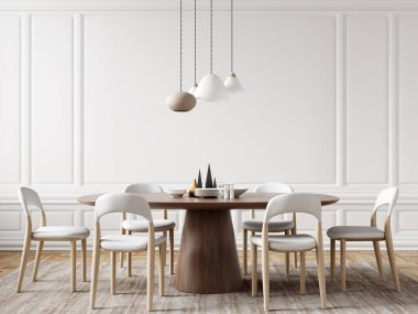 Modern yemek odasının içi, ahşap yemek masası ve panelli duvarlı beyaz sandalyeler. Ev tasarımı. 3d oluşturma