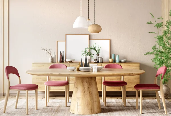 现代餐厅的内部 木制桌子和红色椅子靠着米黄色的墙与餐具柜 3D渲染 — 图库照片