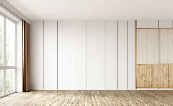 Empty Room Interior Background White Paneling Wall Wooden Flooring Big — Stock Photo, Image