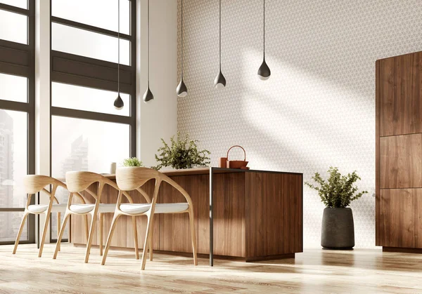 Holzstühle Der Nähe Der Kücheninsel Innenarchitektur Des Modernen Speisesaals Darstellung — Stockfoto
