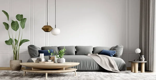 Modern Inredning Lägenhet Vardagsrum Med Grå Soffa Och Trä Soffbord Stockbild