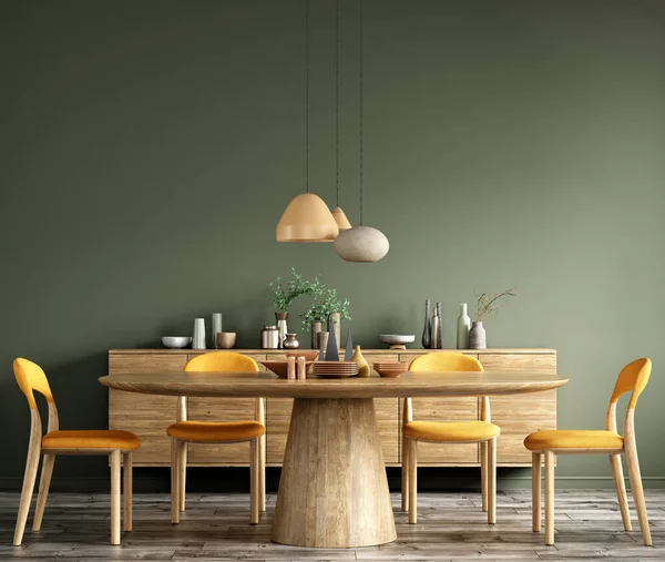 Interiérový Design Moderní Jídelny Dřevěného Stolu Žlutých Židlí Proti Zelené Stock Obrázky